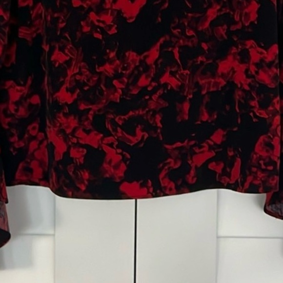 Red and black abstract rose open neck blouse with long ruffled bell slee… - Picture 3 of 4